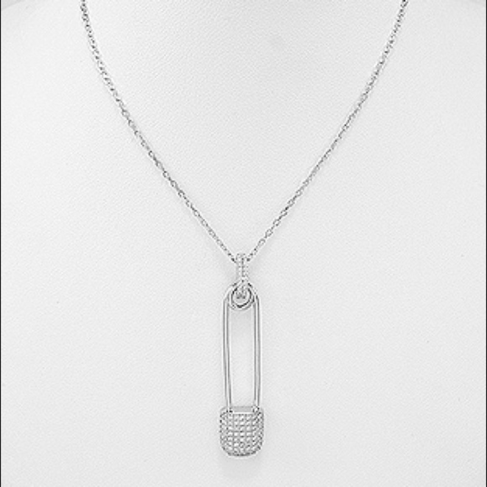 .925 silver, safety pin necklace with cz diamond